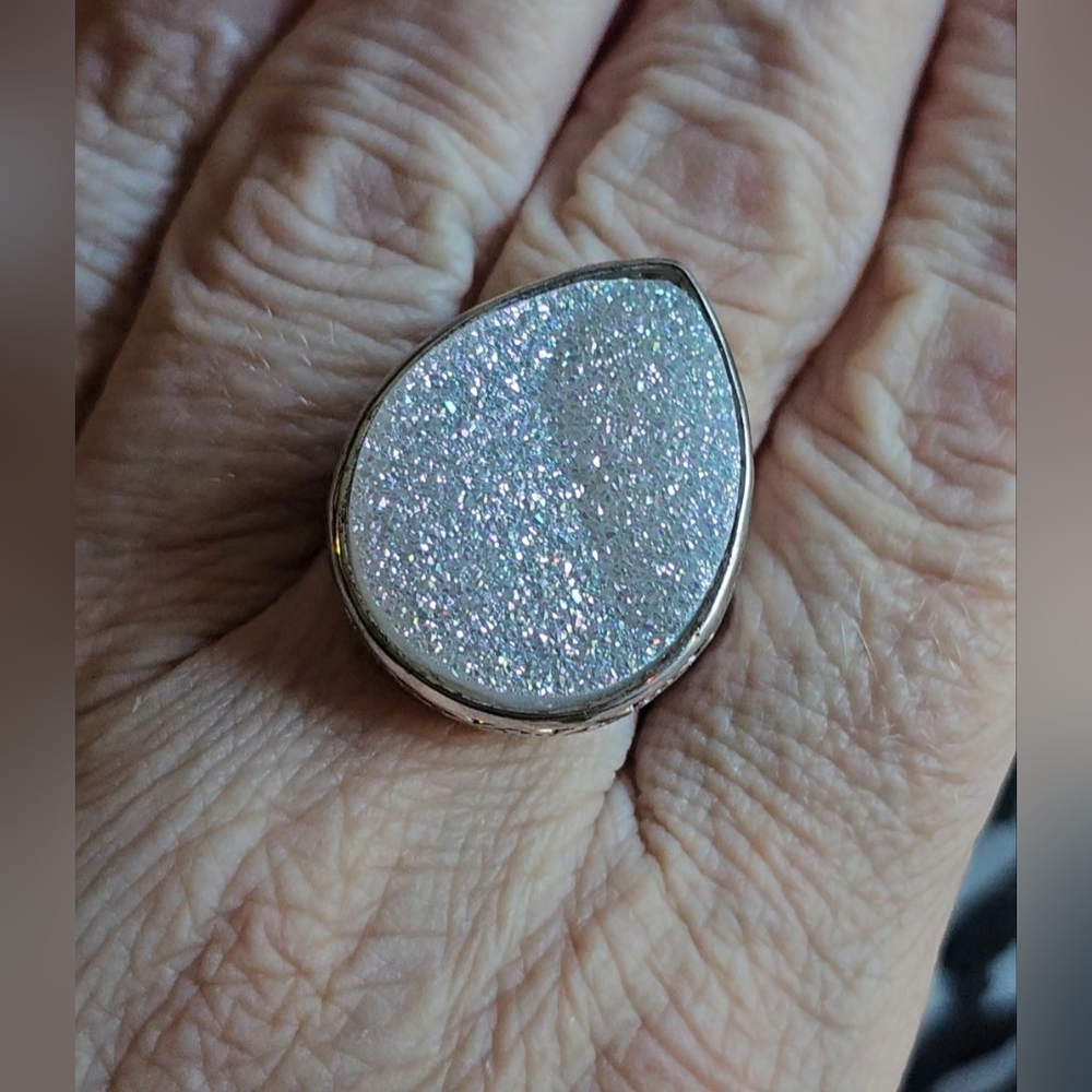 Sparkling Drusy Quartz Teardrop Sterling Silver Ring-Size 9